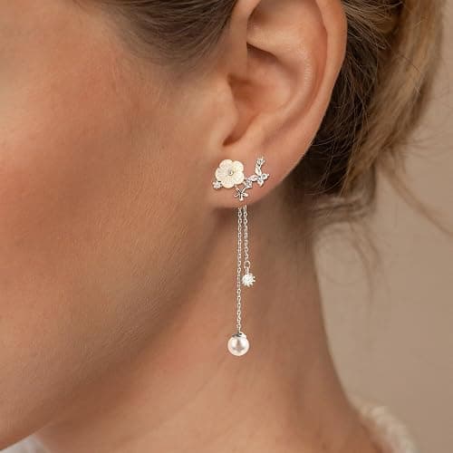 Dangle Pearl Drop Earrings For Women Trendy Long Threader Chain Dainty Flower Wedding Earrings For Brides CZ Cute 14K Gold Statement Sparkly Jewelry thumbnail 5