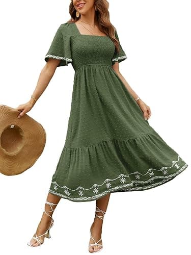 Glamaker Women's Short Sleeve Smocked Square Neck A Line Summer Flowy Maxi Long Dress - Image 1