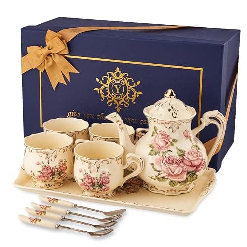 YOLIFE Porcelain Tea Set Vintage Rose, Tea Cups with Teapot, Serving Tray and Teaspoon Service for 4, Suitable for Tea Party Gifts - Image 1