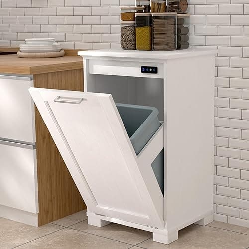Ymise Tilt Out Trash Cabinet, 10-Gallon Trash Can Cabinet with Deodorising Function, Wooden Freestanding Garbage Can for Home and Kitchen Hidden Laundry Hamper, White thumbnail 8