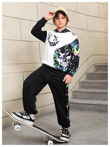 WDIRARA Boy's 2 Piece Outfits Colorful Graphic Print Long Sleeve Hoodie and Sweatpants Set Tracksuit thumbnail 4