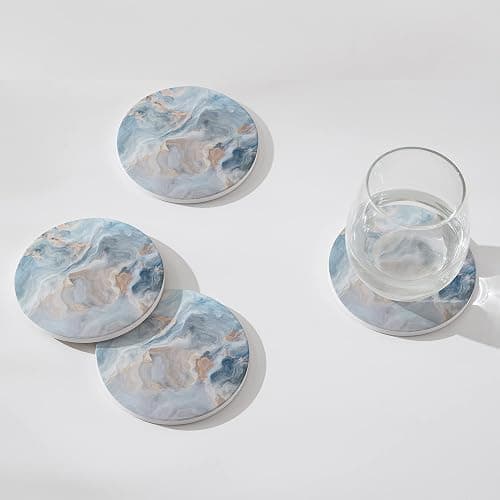 Hoomey Set of 6 Abstract Blue Marble Coasters with Holder, Absorbent Ceramic Coasters for Drinks, Coasters with Cork Backing for Table Protection, Housewarming Gifts for New Home thumbnail 4
