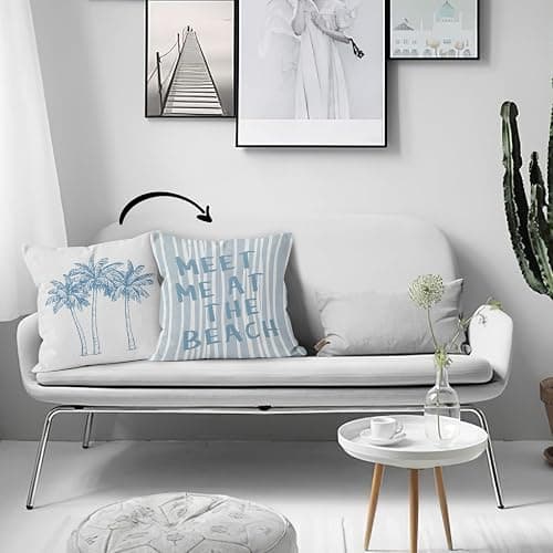 HIWX Tropical Coastal Beach Pillow Covers 18x18 Double-Sided, Coastal Beachy Room Decor Aesthetic, Palm Tree Meet Me at The Beach Decorative Pillow Covers for Couch Bed Home Bedroom Decor thumbnail 2