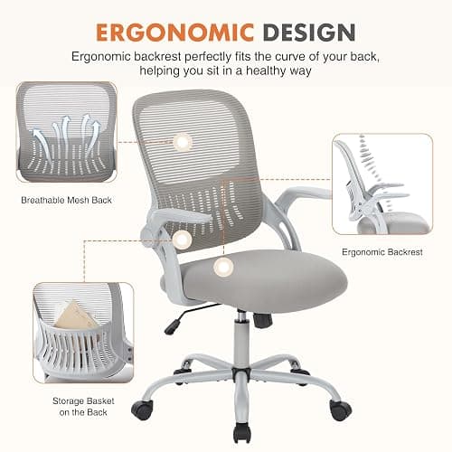 Sweetcrispy Ergonomic Office Desk Chair Mesh Adjustable Swivel Mid-Back Computer Chair with Lumbar Support Comfy Flip-up Arms for Home Office thumbnail 3