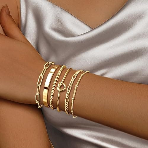 HERIER Gold Bracelets for Women 18k Gold Plated Bracelet Stack Bangle Cuff Bracelet Set for Women Non Tarnish Beaded/Paperclip/Cuban Link Chain Bracelets Jewelry for Women Trendy thumbnail 2