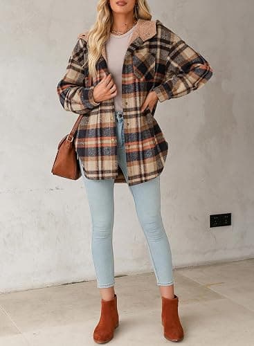 Dokotoo Women's Flannel Hooded Plaid 2025 Shacket Thick Coat Winter Coat for Warmth Button down Warm and Fuzzy Fleece Jacket thumbnail 6