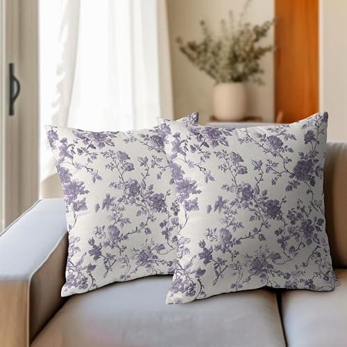 Lavender Purple Floral Pillow Covers 18x18 Inch Set of 2 Purple and Cream Chinoiserie Flower Outdoor Decorative Throw Pillows Vintage Rustic Toile Pillowcases Cushion Covers for Couch Home Decor thumbnail 5