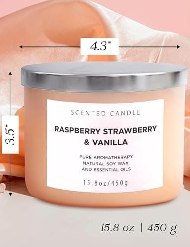 Raspberry Strawberry Vanilla 3-Wick Scented Soy Candle 15.8 oz | Large Sweet Berry Vanilla Scented Candle for Home | Relaxing Aromatherapy Candle | Strong Throw & Long Lasting thumbnail 5