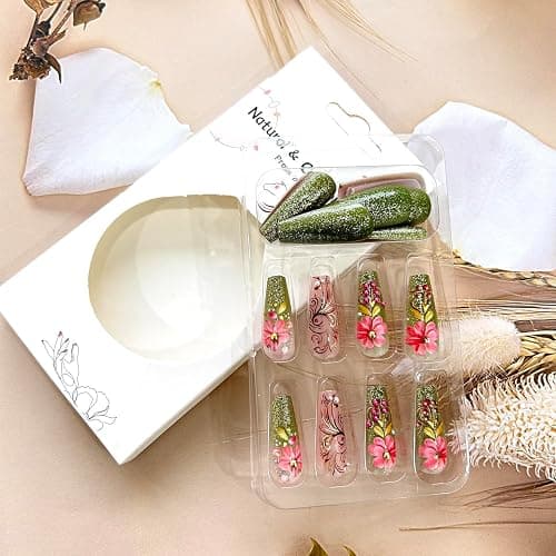 TBRZTR Flower Press on Nails Long Length Full Cover Glossy Green Stick on Nail Floral Pearl Design Ballet Shaped Gradient False Nails Reusable Artifical Acrylic Press Ons Glue on Nail for Women 24Pcs thumbnail 4