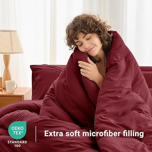 MUXHOMO 7 Pieces Full Comforter Set, Soft Bed in a Bag Full Size, All Season Bedding Set with Comforter, Flat Sheet, Fitted Sheet, Pillowcases & Shams, Burgundy Red thumbnail 2