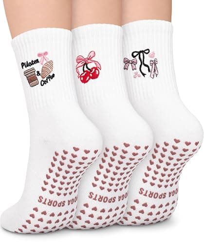 Pilates Socks for Women, Cute Non-Slip Grip Crew Socks for Yoga, Barre, Hospital, Barefoot Workout - Image 1