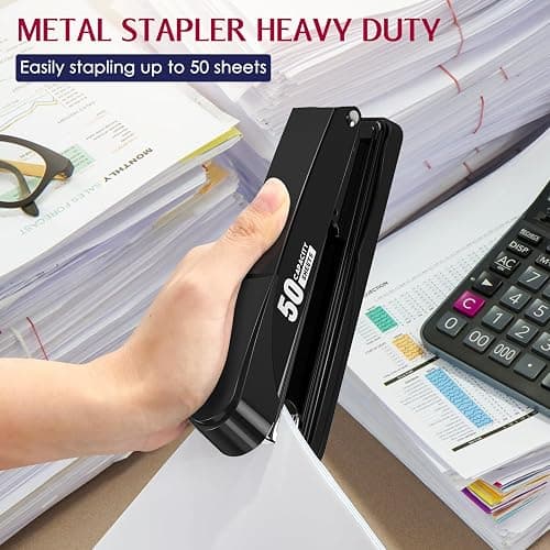 Metal Stapler Heavy Duty 50 Sheet Capacity with 1750 Staples and Staple Remover, Full Strip Staplers for Desk, No Jam, Non-Slip for Office & Classroom, Black - Black thumbnail 3
