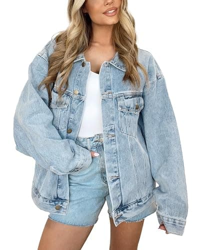 Kedera Women's Oversized Jean Jacket Long Blue Denim Jacket Long Sleeve Button Down Trucker Jacket Shacket Fall Coats - Image 1