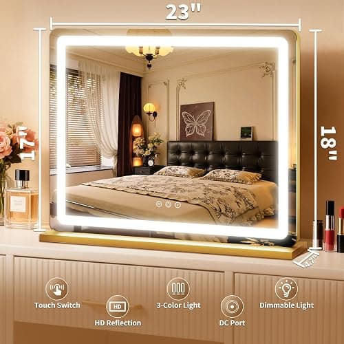 ROLOVE Vanity Mirror with Lights 23x18 Inch, Gold Lighted Makeup Mirror, 3 Color Modes, Smart Touch Dimming, Large Vanity Mirror for Desk, Bathroom, Wall thumbnail 2