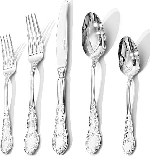 KINGSTONE Vintage Silverware Set, 40-Piece 18/10 Stainless Steel Retro Royal Flatware Cutlery Set for 8 with Carved Thick Handles, Tableware Utensils for Home,Party,Restaurant,Wedding,Dishwasher Safe - Image 1