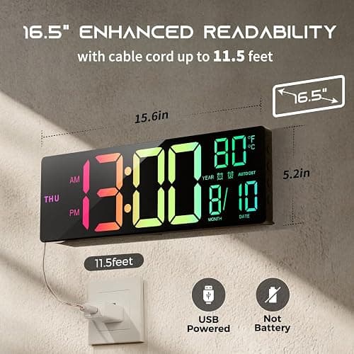 EASYERA 16.5" Large Digital Wall Clock with BT Sync, RGB Lights with 11 Scenes Mode Remote Control, Dual Alarms with Big LED Display, Auto DST, Temperature for Classroom Gaming thumbnail 2