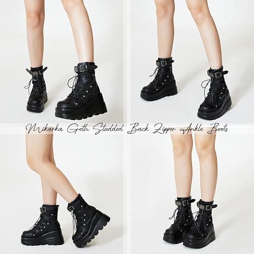 mikarka Holographic Platform Boots for Women, Lace Up Ankle Studded Buckle Goth Stacked Wedge Combat Ankle Boots thumbnail 2