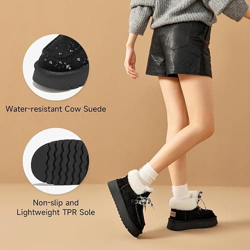 BEAU TODAY Womens Winter Snow Boots, Fur Lined Ankle Booties for Women Warm Boots, Chunky Platform Lace-up Boots Shoes Suede Leather Non-slip Warm Winter Shoes thumbnail 4