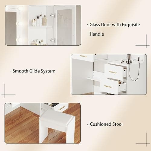 58.3" Large Vanity Desk with Mirror & Lights, Makeup Vanity with 10 LED Lights, 8 Metal Sliding Drawers & 2 Cabinets, White Vanity Set with Stool & Power Outlet 3 Lighting Modes Adjustable Brightness thumbnail 6