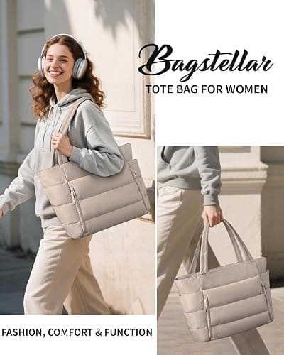 Bagstellar Puffer Tote Bag for Women, Lightweight Puffy Work Handbag Teacher Nurse Quilted Shoulder Bag for School Travel Gym | Cloud Bag w/ Zipper thumbnail 9