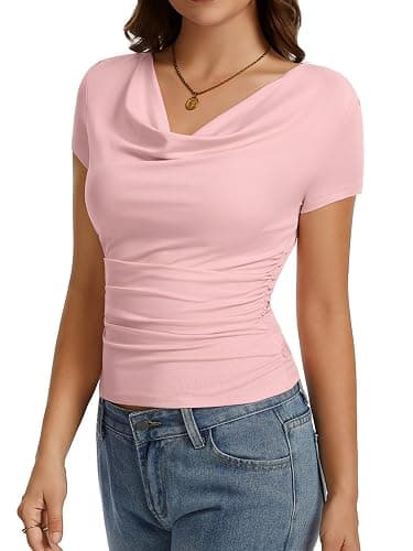 Women's Cowl Neck Tops Short Sleeve Slim Fit Ruched T-Shirts Summer Casual Dressy Business Blouses Going Out Top thumbnail 4