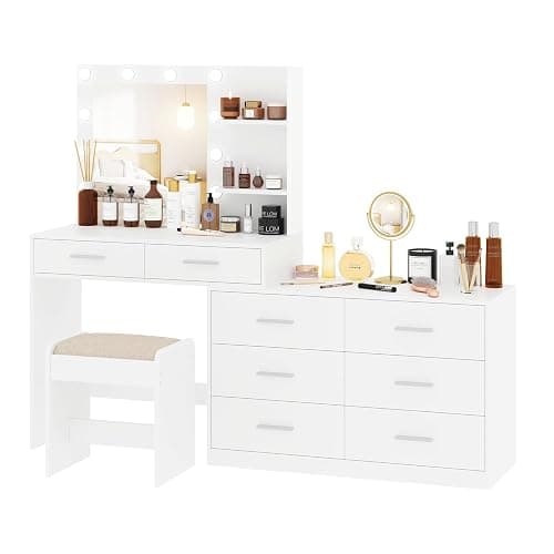 Rovaurx 65" W Makeup Vanity Set with Mirror and 3-Color Lights, Large Vanity Table with 8 Drawers & Side Storage Shelf, Adjustable Width, Bedroom Dressing Table with Stool, for Women, White RSZT109WD thumbnail 8