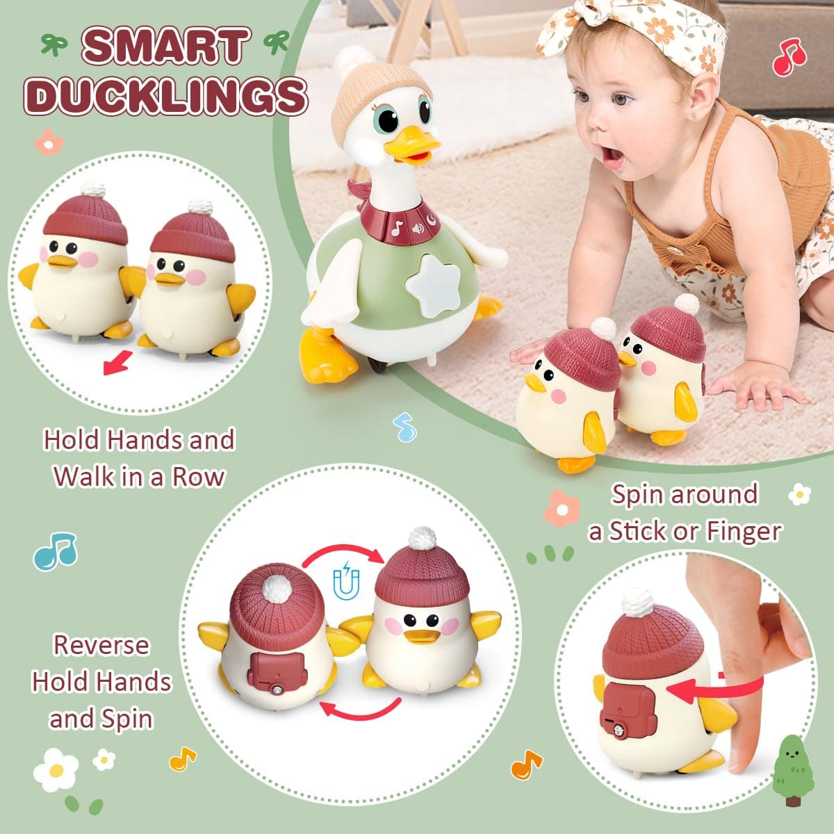 KaeKid Baby Toys 6-12 Months Musical Dancing Duck Toy Set with Music & Lights, Tummy Time Toys, Crawling and Interaction Modes, 1 Year Old Girl Boy Baby Christmas Birthday Gifts thumbnail 2