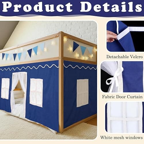 Breling 3 Panel Bunk Bed Curtains for Bottom Loft Bed Tent Set with Felt Flag Double-Layer Twin Bunk Curtains Playhouse Accessories for Boy Girl Bedroom(Blue and White,Classic) thumbnail 3
