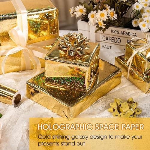 Yarcony Gold Wrapping Paper Roll, Holographic Space Wrapping Paper - 17 Inch x 33 Feet - Shiny Iridescent Galaxy Design Thick Gold Gift Wrap Paper for Birthday, Wedding, Christmas,Baby Shower thumbnail 2
