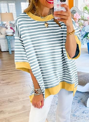 SHEWIN Womens Tops Casual Short Sleeve Sweatshirt Crewneck Striped Shirt Pullover T Shirts Loose Blouses thumbnail 2