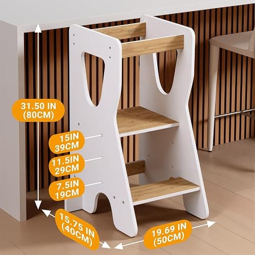 COSYLAND Toddler Standing Tower - Adjustable Height Toddler Kitchen Stool Helper - Kids Kitchen Step Stool for Learning with Handle White & Natural thumbnail 7