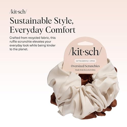 Kitsch Recycled Satin Oversized Scrunchies – Large Hair Scrunchies for Women, Eco-Friendly Hair Ties & Ponytail Holders | Ideal Gifts for Women - Camel & Cream, 2pc Set thumbnail 2