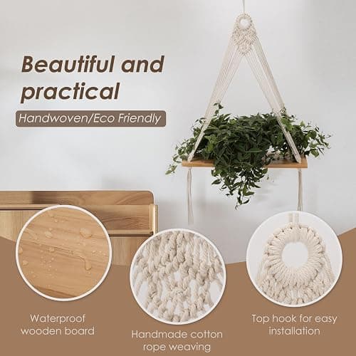 Sunkaioo Macrame Wall Hanging Shelf Set of 2,Boho Wooden Display Floating Shelves for Wall Decor with Handmade Woven Rope,Farmhouse Rustic Plant Shelf for Bedroom Dorm Nursery Living Room Bathroom thumbnail 4