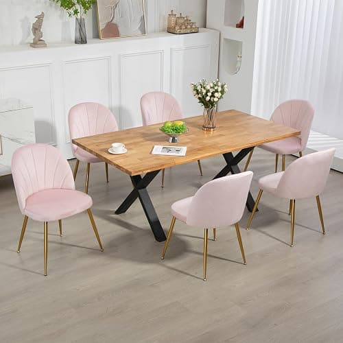 Newnno Velvet Dining Chairs Set of 4, Upholstered Mid Century Modern Dining Chairs, Armless Accent Chair with Metal Gold Legs for Living Room, Kitchen, Dining Room, Pink thumbnail 4