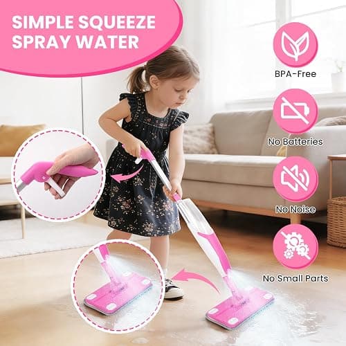 CYYSFIVQZ Kids Spray Mop, Toddler Cleaning Set with Real Water Sprayer, 2 Washable Mop Pads & Storage Clip, Pretend Play Montessori Housekeeping Toys for Boys Girls Ages 3 4 5 6 7 8 thumbnail 2