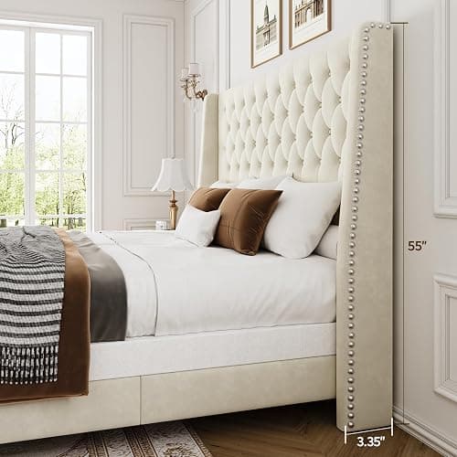 SEREINEY Queen Bed Frame with 55" Tall Headboard, Upholstered Bed Frames, Soft Fabric, Button Tufted Headboard with Windback, Platform Bed, Noise-Free, No Box Spring Needed, Beige thumbnail 3