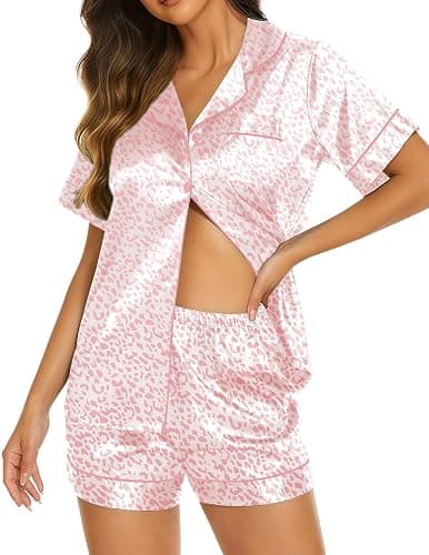Ekouaer Silk Pajamas for Women Short Sleeve Sleepwear Soft Button Down Loungewear 2 Piece Satin Pjs Shorts Set - Image 1