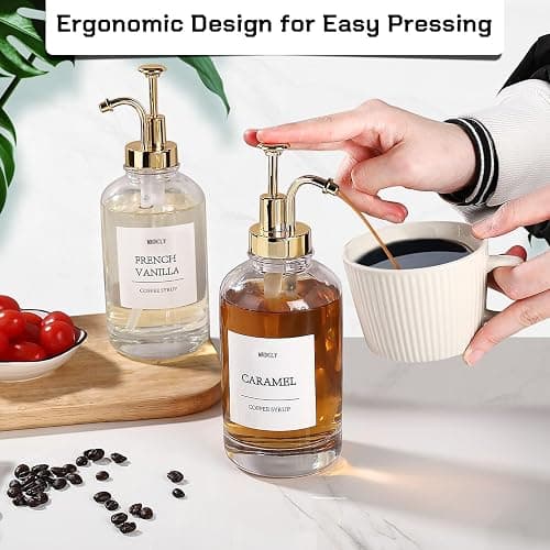 MHDCLY Coffee Bar Accessories, Coffee Syrup Dispenser - 4pack,16.9oz Syrup Dispenser with Labels,Syrup Pump Dispenser for Coffee Bar(Gold Pump) thumbnail 2