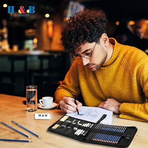 H & B 33pcs Sketch Pencils Set Artists Drawing Kit in Pencil case with Pencil Sharpener Art Supplies for Student Painter Beginner thumbnail 2