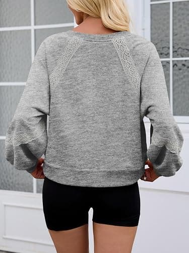 Fisoew Womens Oversized Sweatshirt Casual V Neck Lace Lantern Long Sleeve Cropped Loose Fit Fall Pullover Tops thumbnail 5