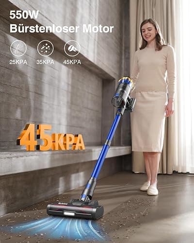 Akku Staubsauger 45000Pa/550W/65Min, 1,6L Staubsauger Kabellos mit Display, Anti-Tangle-Bürste, Selbststehend, Wandladestation, 8-Schicht-Filtration, Ultraleise, für Tierhaare/Teppiche/Hartböden/Auto thumbnail 3