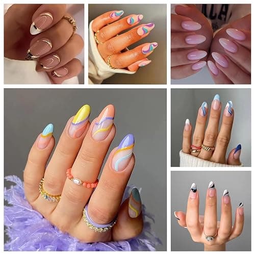 6 Pack Press on Nails - Almond, French Tip, Swirl, False, Gel - 144 Pcs, 12 Sizes, 6 Styles thumbnail 6