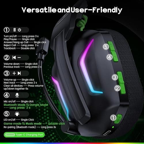 WESEARY Wireless Gaming Headsets for PC, PS5, PS4, Switch, Mac, 2.4GHz Wireless Gaming Headphone with ENC Noise Canceling Microphone, Bluetooth 5.4, Cool Lighting, 50H Battery, 50mm Drivers thumbnail 9