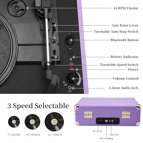 JORLAI Record Player 3 Speed Vinyl with Bluetooth Vintage Turntable Built in Battery Portable Suitcase Support Aux in RCA Line Out Headphone Jack Purple thumbnail 3
