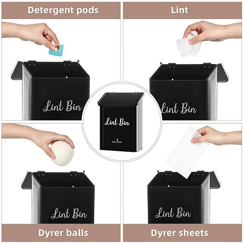 SUBEKYU Metal Magnetic Lint Bin for Laundry Room, Wall Mounted Lint Box Holder Trash Can with Lid for Dryer, Black thumbnail 5