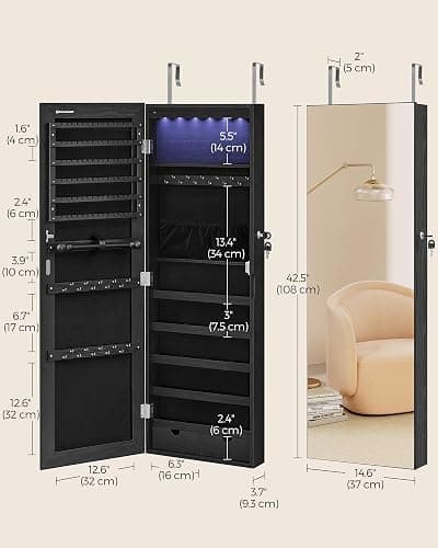 SONGMICS Hanging Jewelry Cabinet, Wall-Mounted Cabinet with LED Interior Lights, Door-Mounted Jewelry Organizer, Full-Length Mirror, Christmas Gift Idea, Ink Black UJJC099B01 thumbnail 3