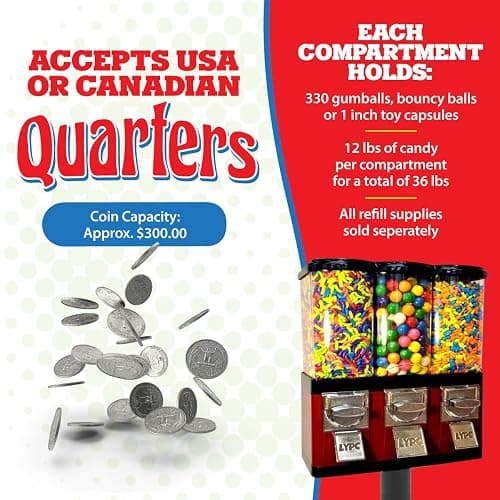 Red Triple Compartment Commercial Vending Machine for 1 inch Gumballs, 1 inch Toy Capsules, Bouncy Balls, Candy, Nuts with Stand by American Gumball Company - Triple Compartment thumbnail 7