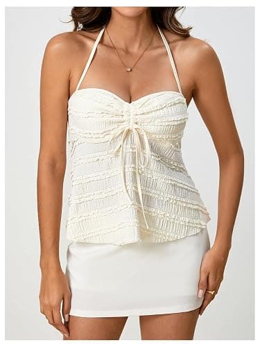 SOLY HUX Women's Peplum Halter Crop Tops Y2K Drawstring Tie Ruched Dressy Casual Spaghetti Strap Cami Top thumbnail 3