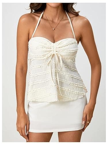 SOLY HUX Women's Peplum Halter Crop Tops Y2K Drawstring Tie Ruched Dressy Casual Spaghetti Strap Cami Top - Small - Apricot thumbnail 4