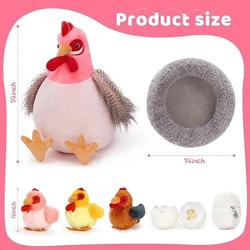MaoGoLan 8Pcs Chicken Stuffed Animals, Stuffed Laying Hen Chicken Plush Toys with 3 Babies Chickens and 3 Eggs,1 Nest House Plush Set, Cute and Soft Farm Stuffed Animals Gift for Kids,Girls,Boys,Pink thumbnail 7